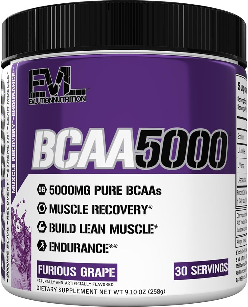 EVL BCAAs Aminoácidos Polvo - BCAA Powder Post Workout Recuperación Bebida y Estim Gratis Pre Workout Energy Drink Powder - 5g Branched Chain Amino Acids Suplemento para Hombre - Furious Grape