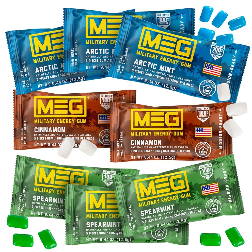 MEG - Energía Militar Gum Silencioso 100mg de Caffeine Per Piece + Aumentar Energía + Potencia de rendimiento físico + Multi sabores de la menta ártica , Spearmint, & canela + 8 paquetes (40 cuenta)