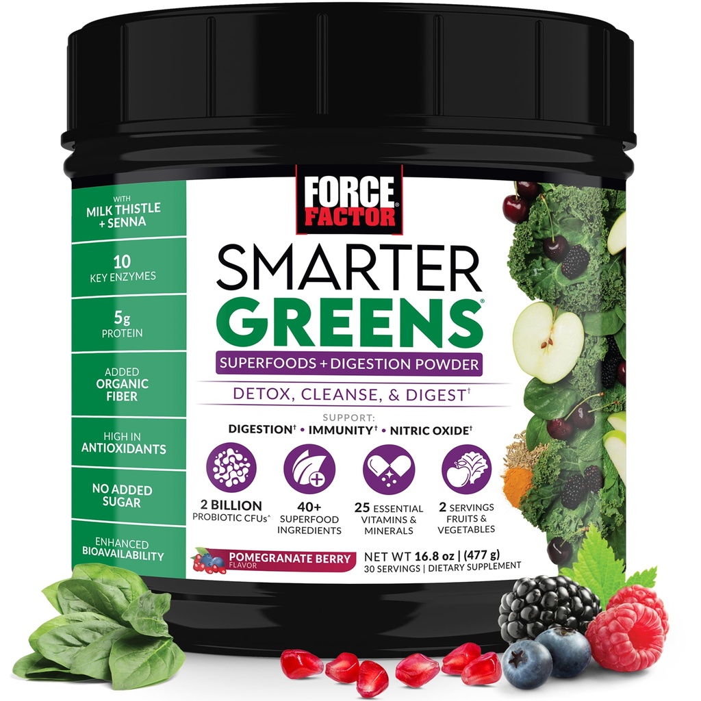 Factor de fuerza Smarter Greens Superfoods Powder para soportar la digestión, Gut Health, Bloating, Greens Powder with Probiotics, Prebiotics, Digestive Enzymes, & Adaptogens, Pomegranate Berry, 30 Servings