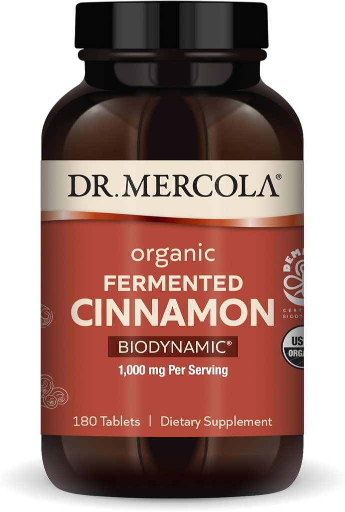 Dr. Mercola Biodynamic Organic Fermented Cinnamon, 90 Servings (180 Tablets), Suplemento dietético, 1000 mg Por Serving, Non-GMO, Certified USDA Organic, Demeter Certified Biodynamic