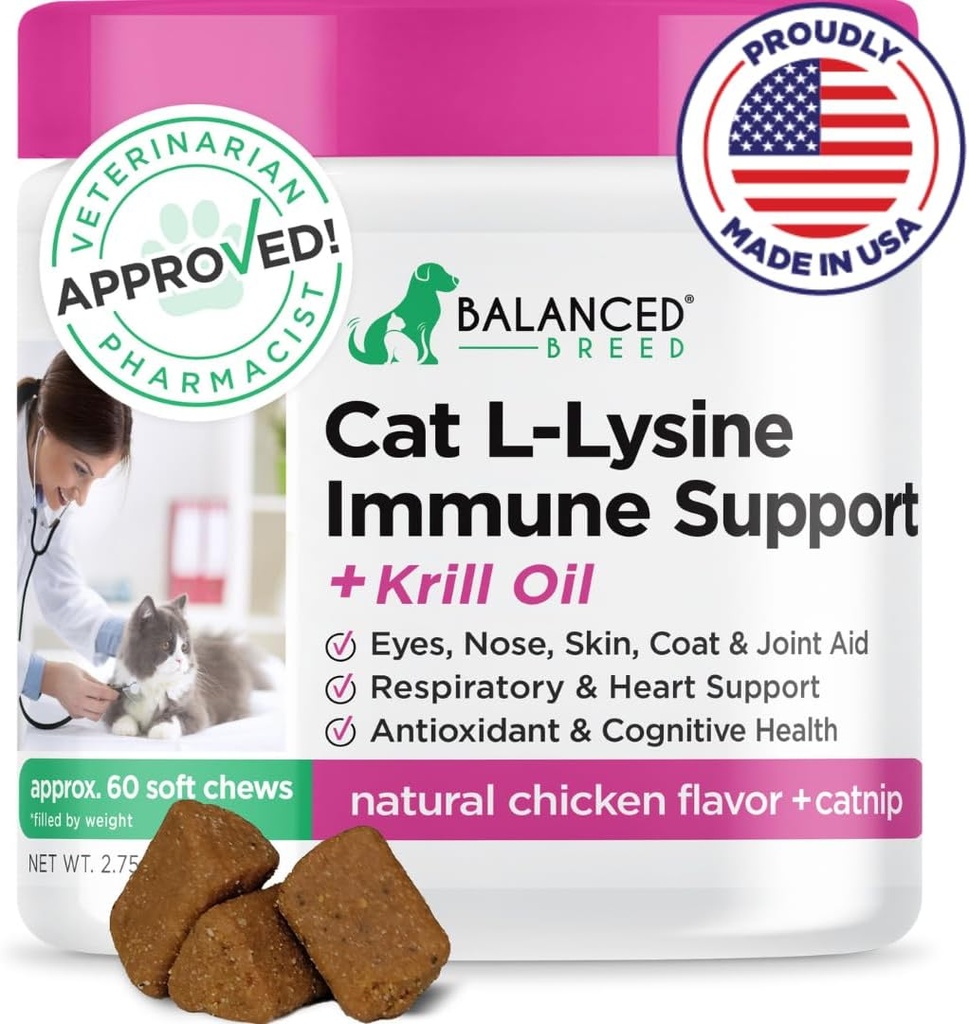 Gatos de L-Lysine equilibrados Immune Support Soft Chews Made in USA Vet-Pharmacist Aprobada Alivio Estacional Alivio de Alergia Cat Vitaminas Indoor Cats Suplementos Krill Oil Asthma Relief Cat Lysine Treats NonGMO