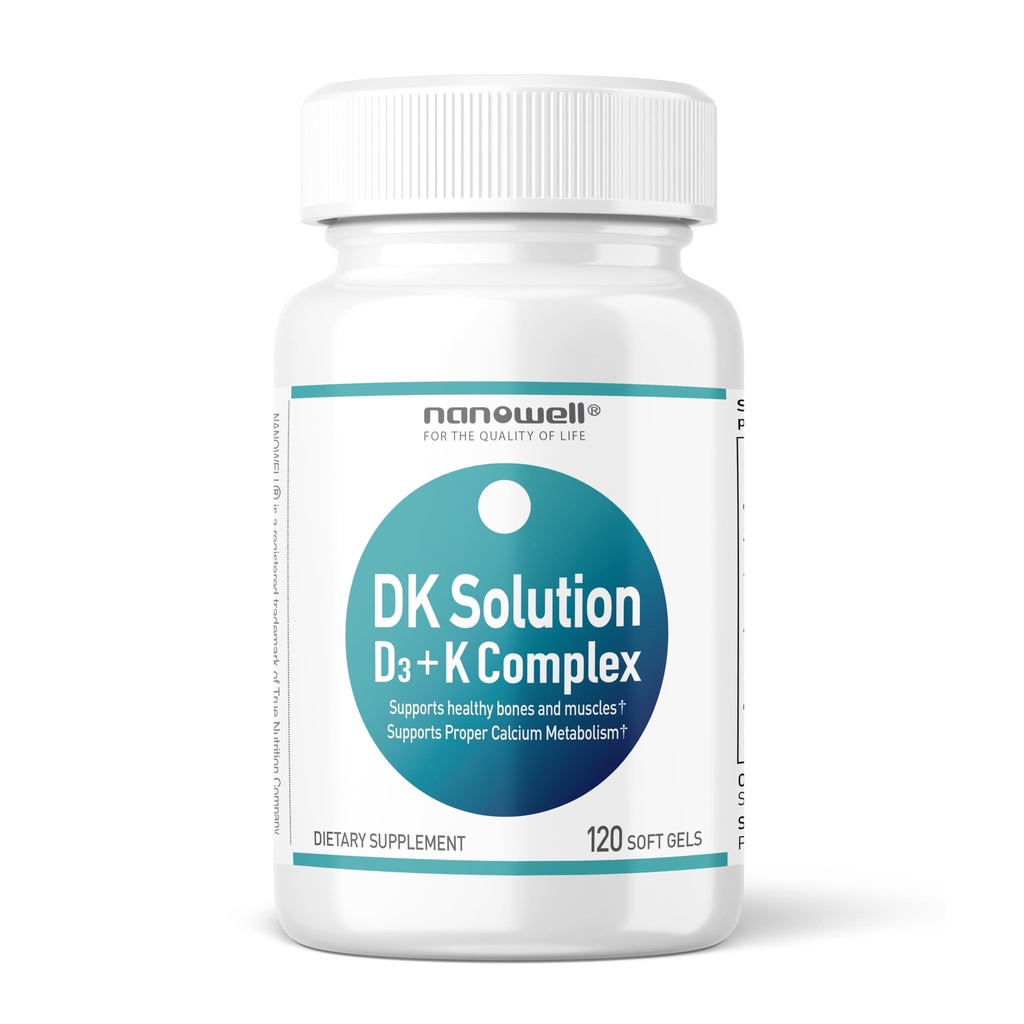 Solución NANOWELL DK Vitamina D3 2000 UI (50 mcg) + Complejo K - Suplemento dietético para bonificación, músculo y soporte de salud inmunológico - 120 Softgels, 120 Day Supply