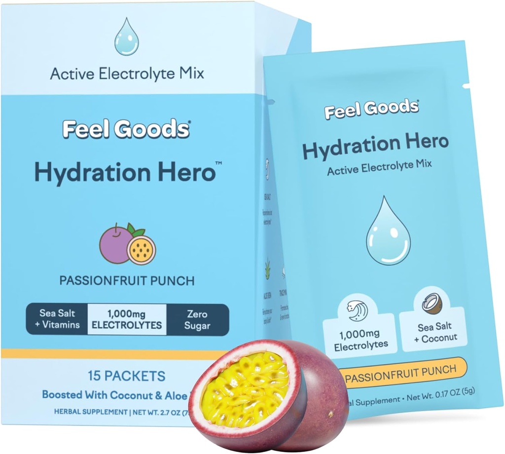 Siente los bienes Hidratación Héroe, 1000 mg Electrolitos Polvo, Sugar Gratis, Magnesio, Aloe Ecológico Vera, L Theanine, Vitamina C & B12, Keto, Vegan, Packets Electrolíticos, Pulsera de Frutas de Pasión, 15 Conde