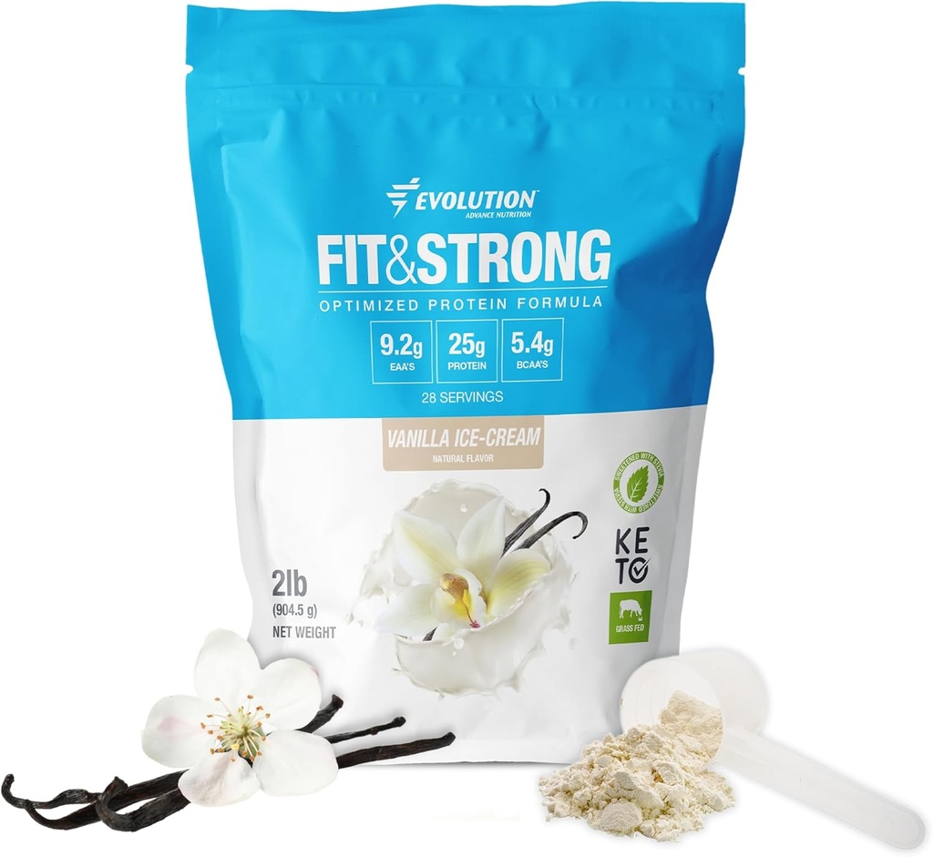 Evolution Advance Nutrition Fit & Strong - Powder de proteína pura Whey con BCAA, 100% Grass-Fed, Quick Absorbing y Fast Digesting para la recuperación óptima del músculo, Flavor natural – 2 libras (Vanilla)