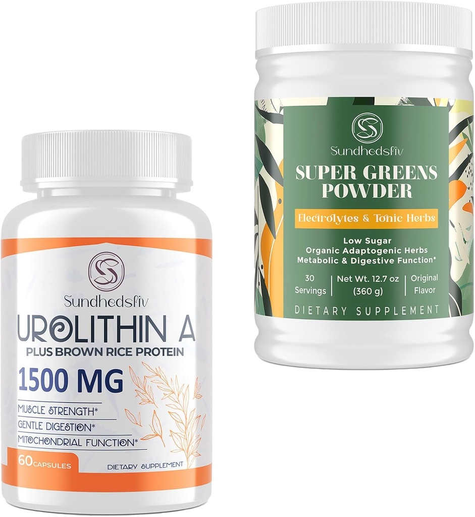 Urolithin A Suplemento 1500MG Plus Brown Proteína de arroz + Super Verdes Suplemento Superalimentos de Polvo con Electrolitos & Hierbas Tonicas