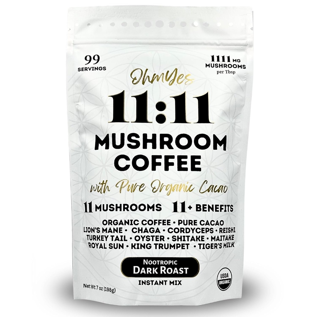 Ohmyes 11 Café de hongos con Cacao – 11 EE.UU. Setas Adaptogénicas Crecidas para Focus, Clarity & Energy – Lion’s Mane, Reishi, Chaga + Superalimentos Orgánicos Nootrópicos por OhmSí (7oz) - 99 Actuaciones