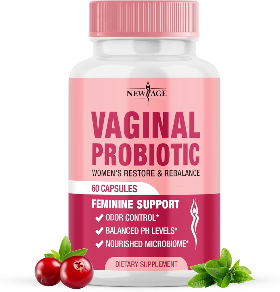 NUEVO AGE Vaginal Probióticos para Mujeres con Prebióticos, Extracto de Arándano, y un Lactobacillus Probiotic Blend, apoya el equilibrio de pH saludable, control de olores, flor vaginal - 60 cápsulas