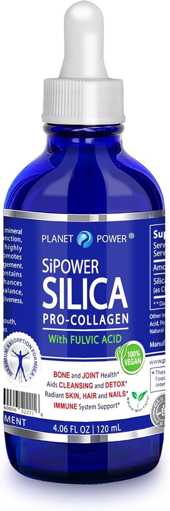 SiPower Silica Vegan Collagen, Suplemento Drops-Liquid Mineral Orthosilicic Acid (CH-OSA) + Fulvic Acid. Booster natural de colágeno para juntas, huesos, cabello, piel, uñas, inmune & salud digestiva-4oz