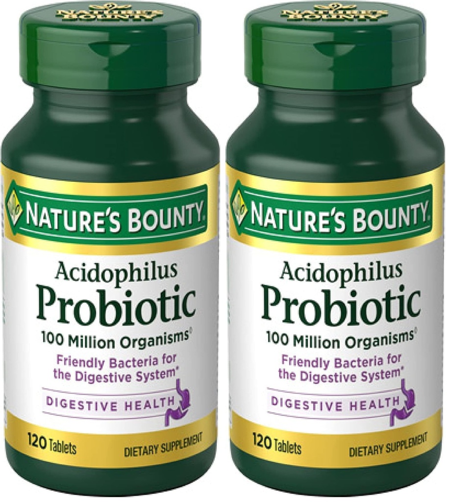 Bounty Lactobacillus Acidophilus Probiotic Supplement - Daily Probiotic for Women/Men Digestive Health,100 Million Organisms,Vegetarian,1 Serving per Day,120 Tablets,(Pack of 2)
