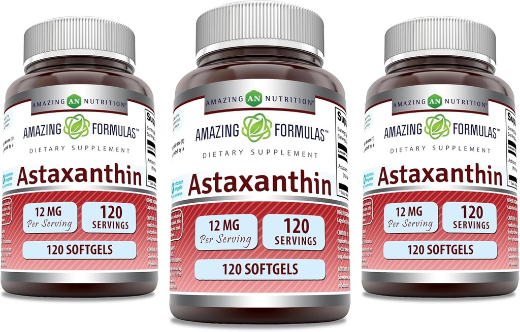Fórmulas asombrosas Astaxanthin 12mg Softgels Suplemento No-GMO Silencioso Gluten Gratis (120 Conde Silencio 3 Pack)