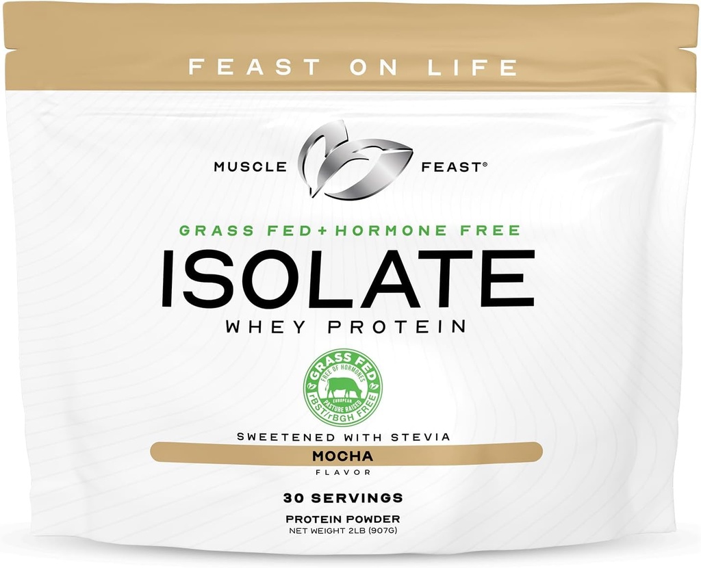 Muscle Feast Grass-Fed Whey Protein Isolate, All Natural Hormone Free Pasture Raised, Whey Isolate Protein Powder for Hombre and Women, Clean, Gluten-Free, Delicious Isolate Protein - Mocha, 2lb