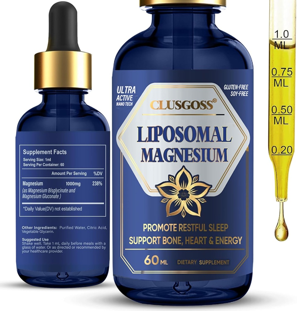 Magnesio líquido Glycinate, 1000mg Liposomal gotas de magnesio para calma & sueño, suplemento de magnesio para hueso, corazón, energía, apoyo muscular, libre de azúcar
