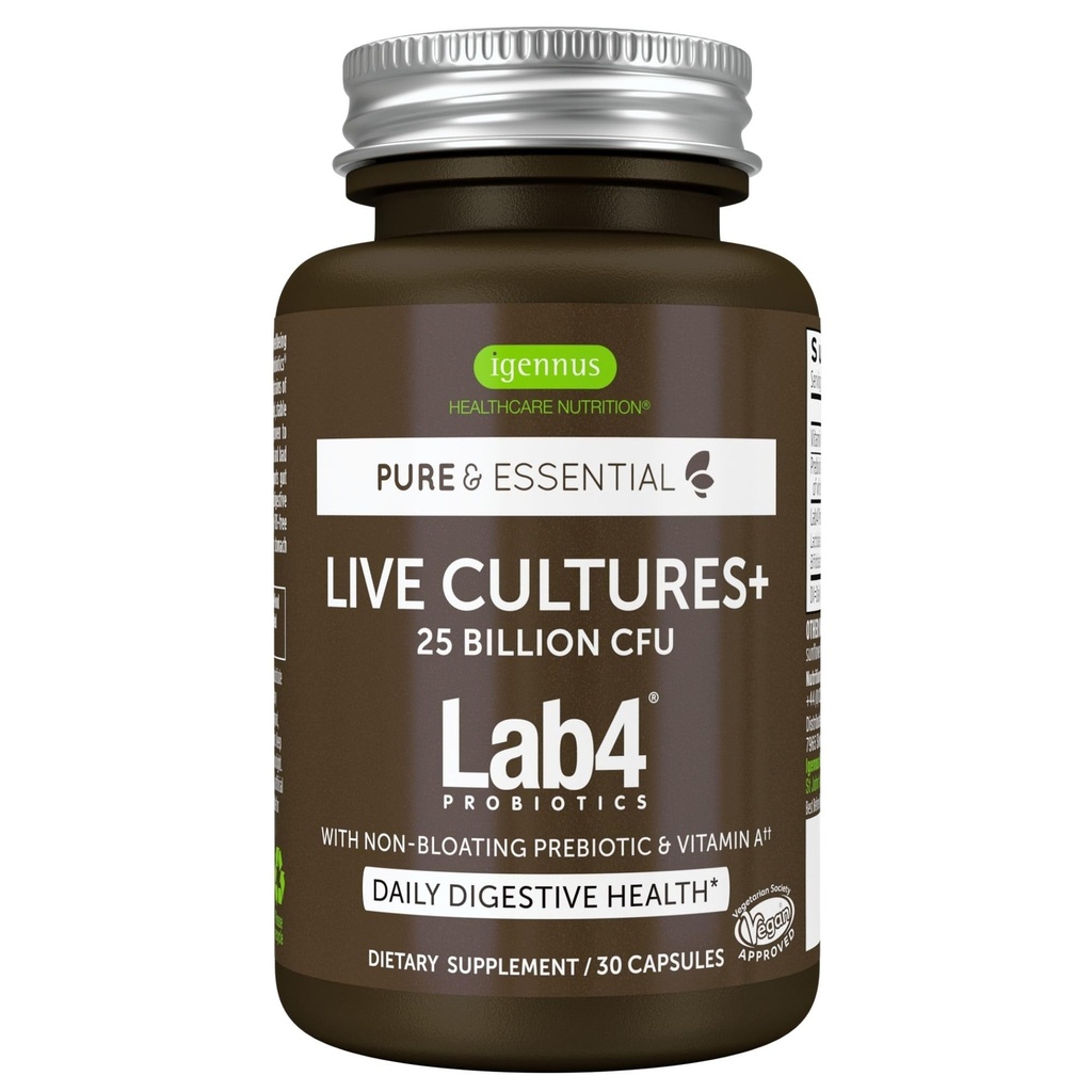 Igennus Probiotics " Prebiotic 2 in 1, Lactobacillus Acidophilus " Bifidobacterium, Gut Health Support, Live Cultures+ Lab4, Guaranteed 25 Billion CFU, Women ' Men, Non-Bloating, Non-GMO, 30 Capsules