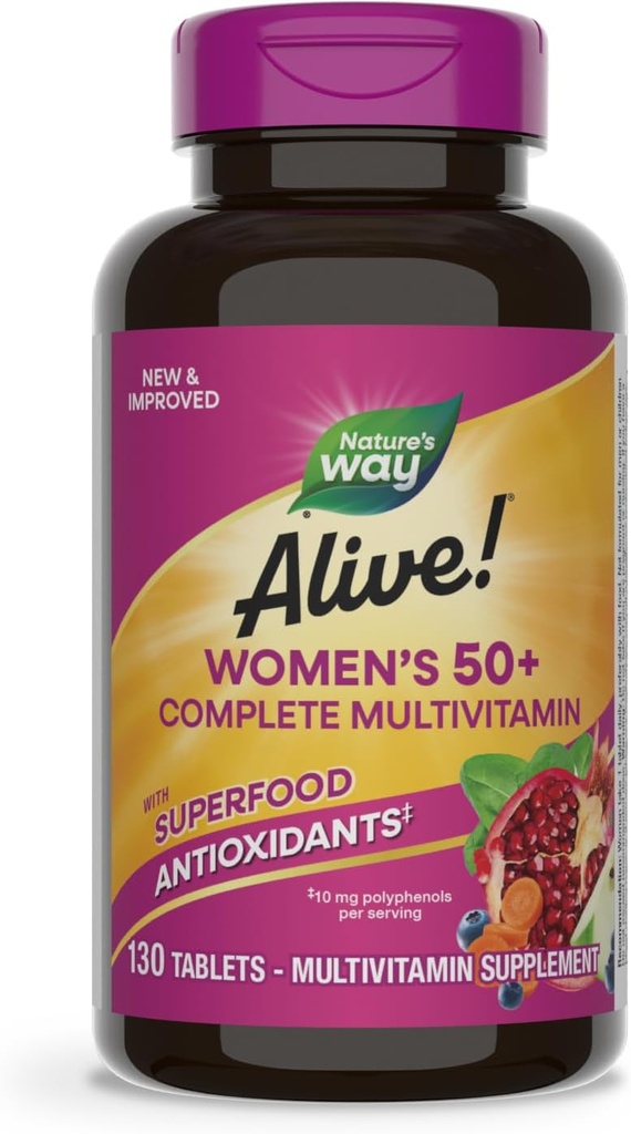 ¡La naturaleza está viva! Multivitaminas completas de las mujeres 50+, soporta Corazón sano, Cerebro, Huesos*, Antioxidantes Superalimentarios(1), B-Vitamins, Gluten Gratis, 130 Tabletas (Packaging May Vary)