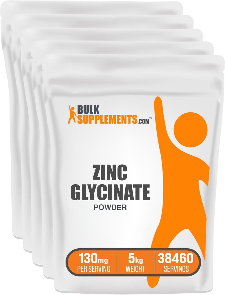 BulkSupplements.com Zinc Glycinate Powder - Suplemento Zinc, Suplemento Mineral para Immune Support - Gluten Free, 130mg por Serving, 5kg (11 lbs) (Pack of 5)