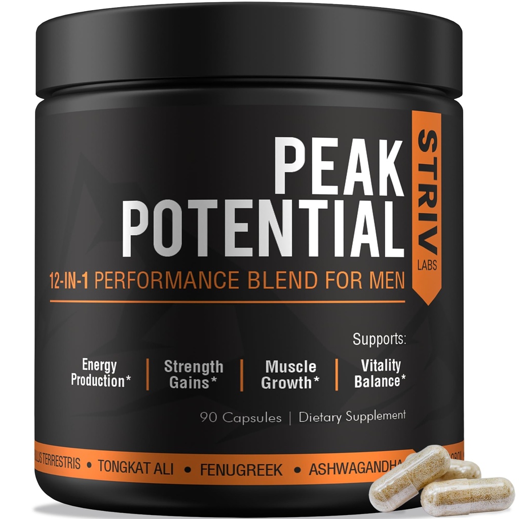 Peak Potential 12-in-1 Testosterone Support for Men – Fenugreek, Ashwagandha & Tongkat Ali – Natural Strength, Energy & Muscle Builder – 90 Capsules