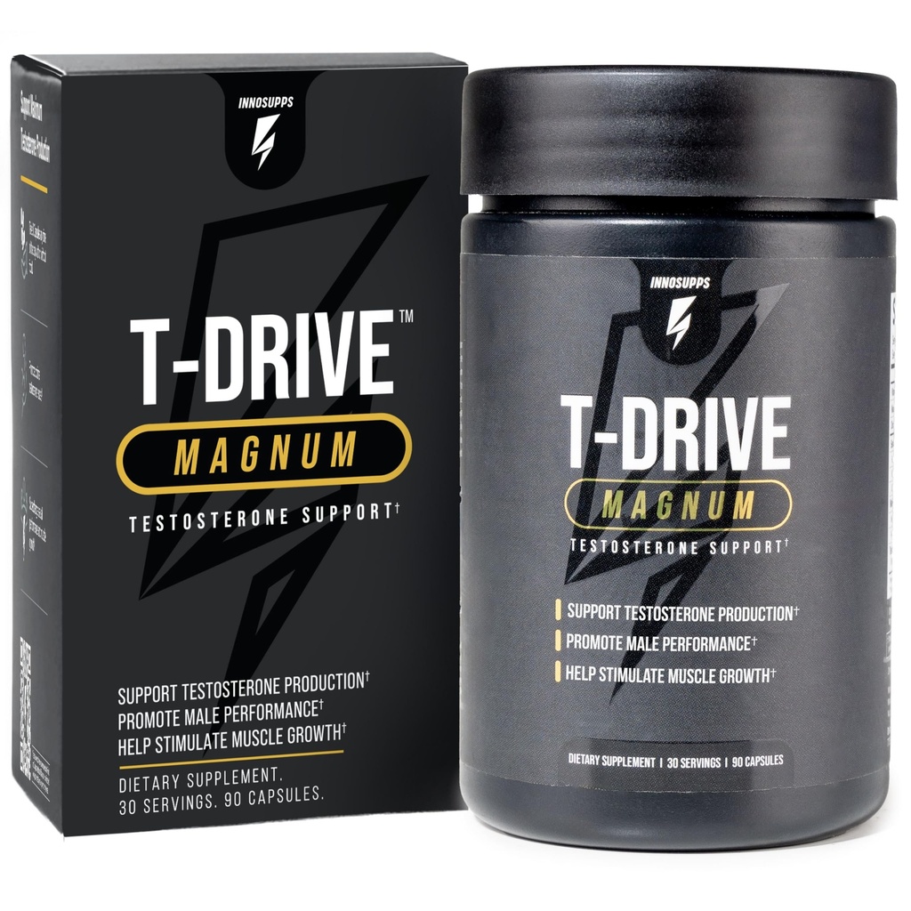 InnoSupps T-Drive Magnum Testosterone Booster Enhance Peak Performance Amplificar el crecimiento muscular, aumentar los niveles de energía de Libido, Horny Goat Weed Tongkat Ali, Zinc, Fenugreek, Fat Burner 90 Caps/30 Days
