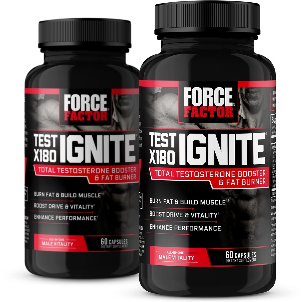 Prueba de factor de fuerza X180 Ignite, Booster de testosterona &amp; Fat Burner para Hombres, Suplemento de testosterona a Burn Fat, Build Muscle, Increase Energy, y Boost Vitality and Performance, 60 Cuenta (Pack of 2)