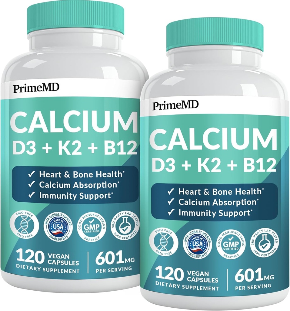 Suplementos de calcio 4-en-1 para mujeres y hombres - Calcio con vitamina D3 K2 5000 UI Suplemento, 601 mg por servidumbre para el corazón, Bones & Body Defenses - libre de gluten, vegano-Amigo (240 ct)
