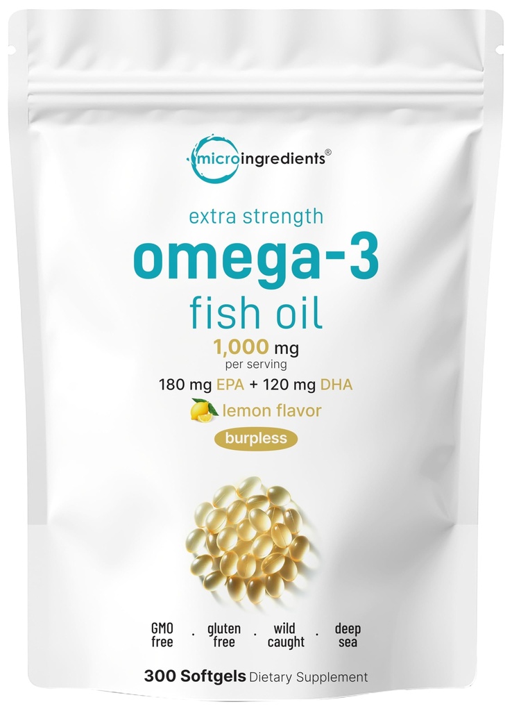 Micro Ingredientes Extra Strength Omega 3 Fish Oil Suplementos 1000mg Por Serving, 300 Softgels TEN Lemon Flavored ANTE Burpless ANTE EPA 180mg + DHA 120mg ← Deep Sea Fish