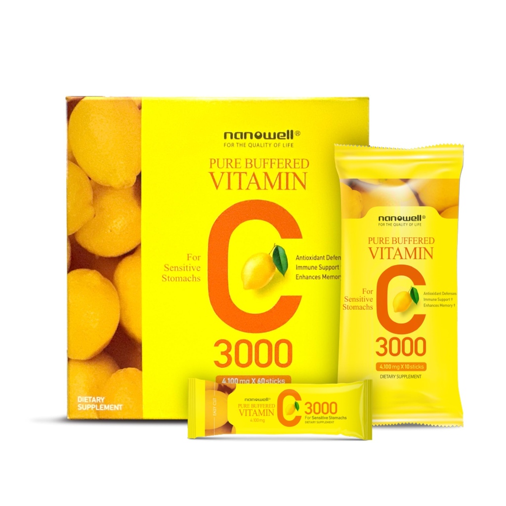 NANOWELL Puro Buffered Vitamin C 3000 mg por Serving, Suplemento dietético para Immune Support - 60 Sticks x 1 Box, 2 Months Supply (60 Count)