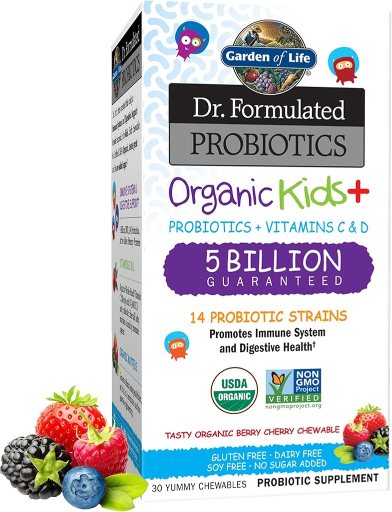 Garden of Life Kids Probiotics, Dr. Formulated Probiotics Organic Kids+ Vitamina C & D, Cereza de Berry, Lácteo de gluten & Soy suplemento de salud digestiva, 30 Chewables