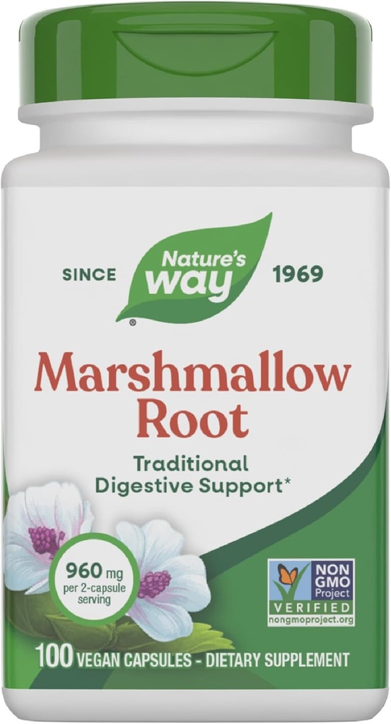 Camino de la Naturaleza Marshmallow Root - Suplemento de raíz de malvavisco para calma tradicional* - Sin gluten, sin lácteos - Cápsulas Easy-Swallow - 100 cápsulas (Packaging May Vary)