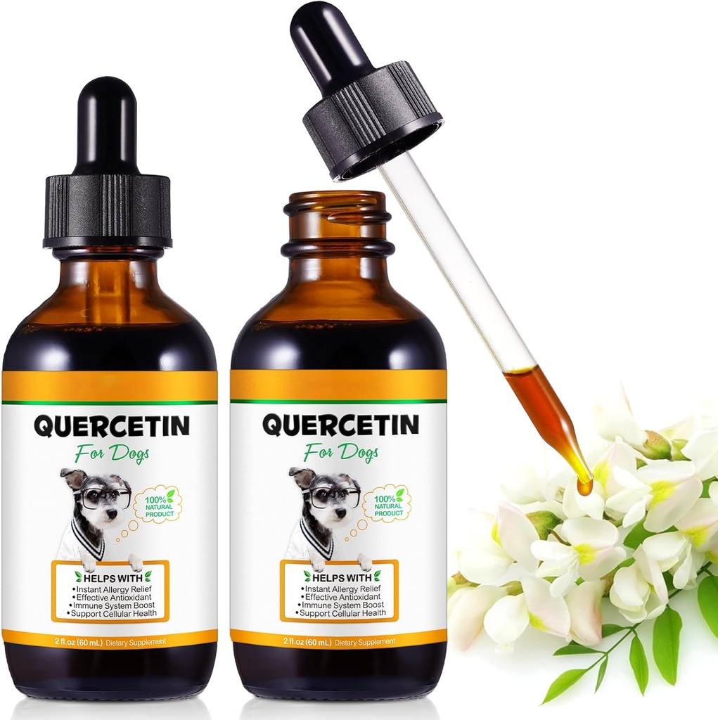 Quercetina para perros, gotas líquidas quercetina de perros, suplemento herbario de perros Apoyo Alivio de alergia, Salud celular, Boost de inmune, Antioxidante 60 ml-2pcs