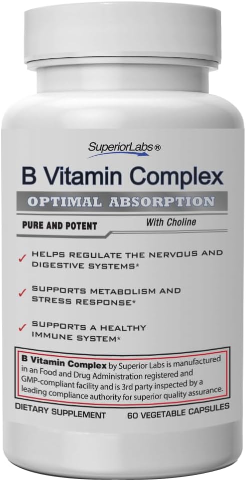 SuperiorLabs B-Complex Vitaminas, High-Absorption Active B12, B6 & Folate, Pure Non-GMO, Gluten-Free, Boosts Energy & Metabolism, Supports Nervous System, Immune & Mood Balance, 60 Veg Caps