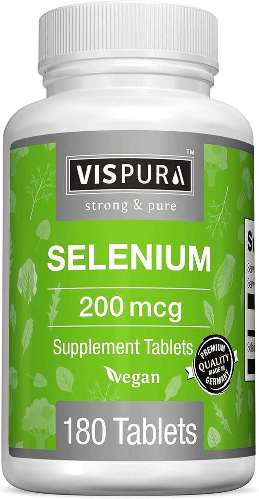 Selenium 200 mcg Suplemento, 180 Tablas Vegan para Sistema Inmunitario, Tiroides, Salud Prostática y Corazón*, Orgánica, Natural & Gluten Trace Mineral Sin Aditivos
