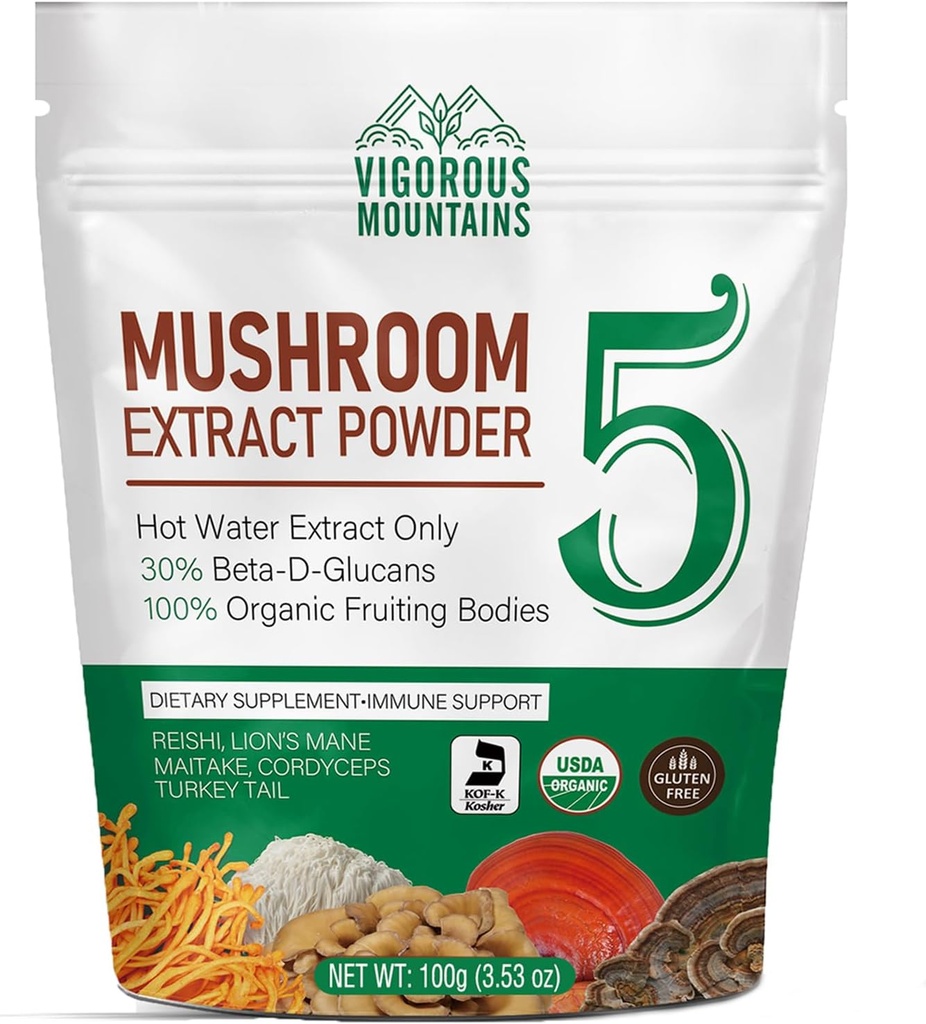VIGOROUS MOUNTAINS Suplemento de polvo de hongos orgánicos - USDA Certified, Lions Mane & Reishi para soporte inmunitario, Brain Focus, Vegan, Mixes instantáneamente en café " Smoothies (100g)