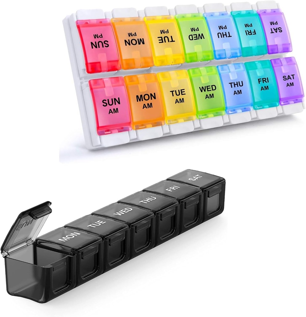 2 Pack organizador semanal de píldoras, Sukuos gran caja de píldoras diarias 7 días para píldoras/Vitamin/Fish Oil/Supplements, BPA caja de organizadores de medicina gratuita