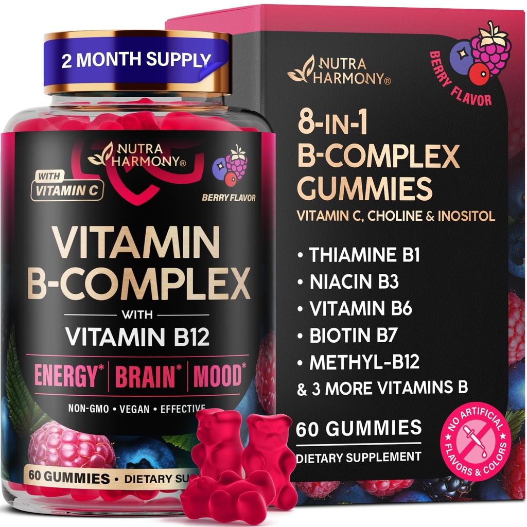 Vitamina B-Complex Gummies para Hombres - Vitamina B12, B1, B2, B3, B5, B6, B7 &amp; B9 - Complejo B con Vitamina C " Choline - Energía, Cerebro " - Natural Berry Flavor, Vegan - 60 Gummies para 2 Meses