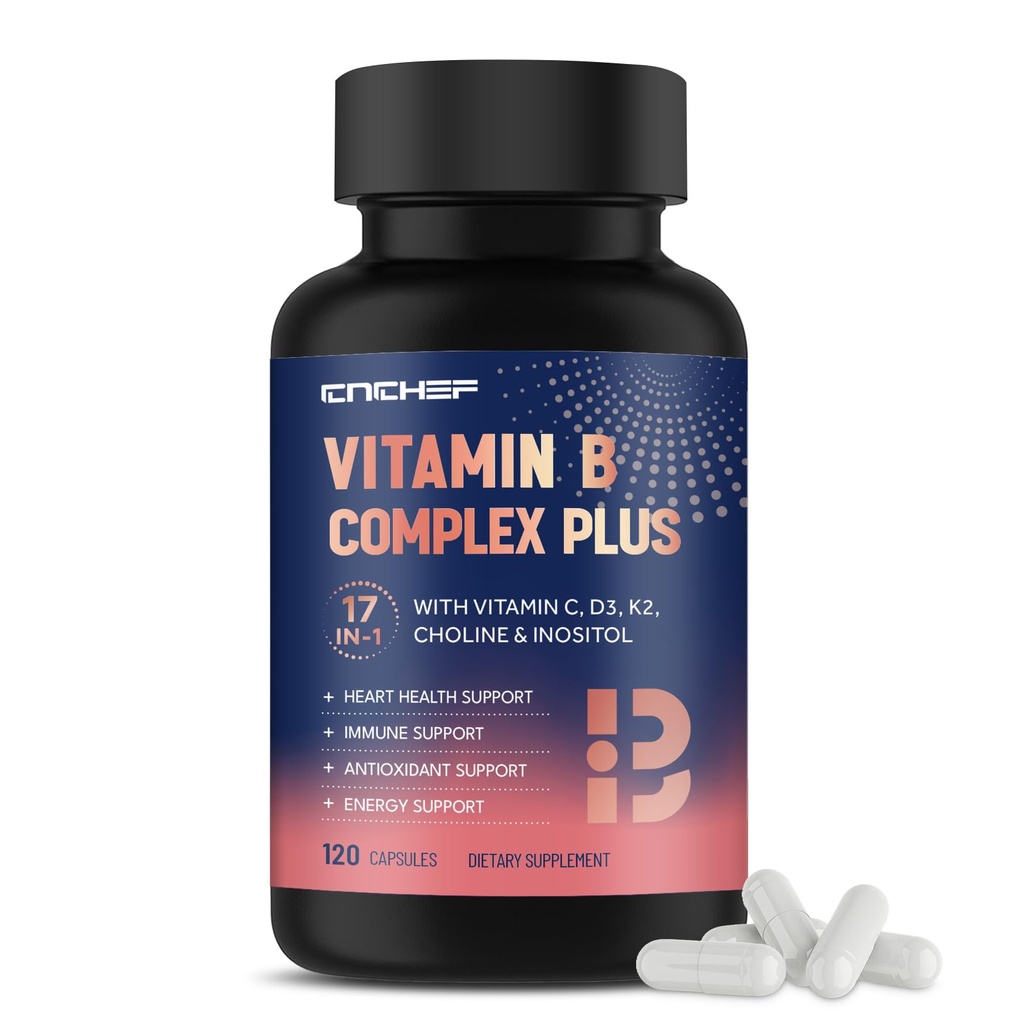 17-in-1 Complejo de vitamina B Plus – Vitamina B1, B2, B3, B4, B5, B6, B7 (Biotin), B8 (Inositol), B9, B12, C, D3, K2, Energía, Inmune, Esquí, Apoyo Nerve para Mujeres - 120 cápsulas