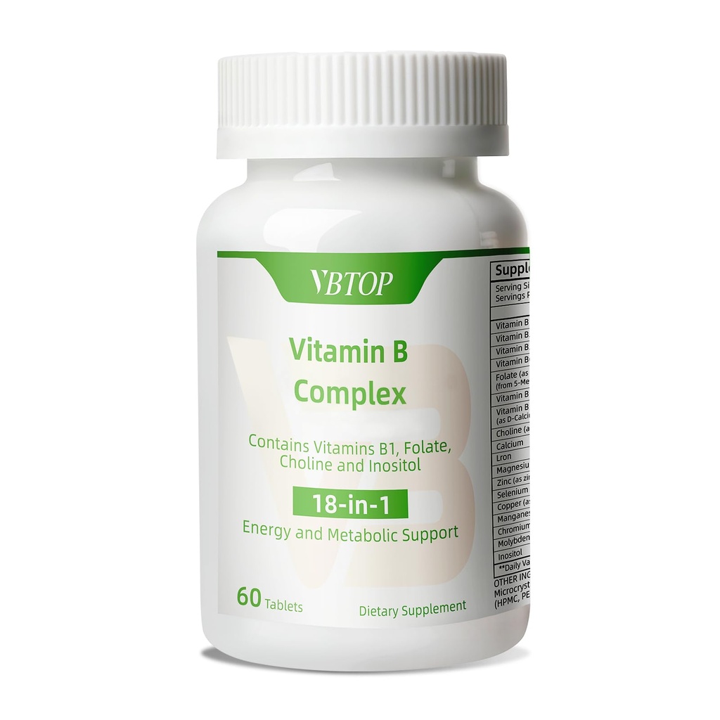 Complejo de vitamina B, con vitaminas B1, B2, B3, B5, B6, B12, ácido fólico, Cholina, zinc, calcio, inositol, para la salud del cerebro y del corazón, salud inmune y apoyo energético celular, 60 tabletas