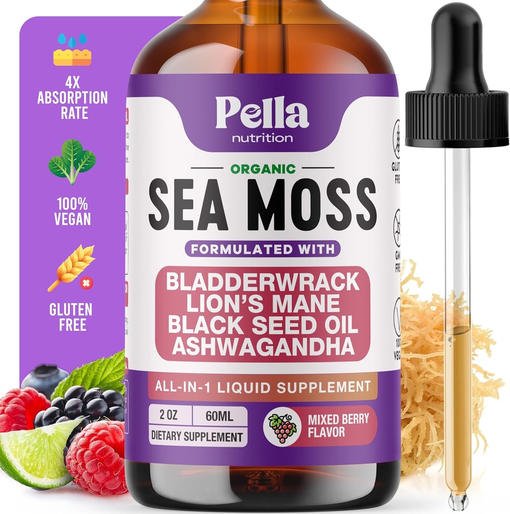 Sea Moss y Ashwagandha Suplemento líquido - Infundido con Mane de León, Aceite de Semillas Negras y Flamenca - Fórmula Vegana, Fácil de Mix - Apoya la Actividad Antioxidante & Immune Health (Mixed Berry, 60mL)