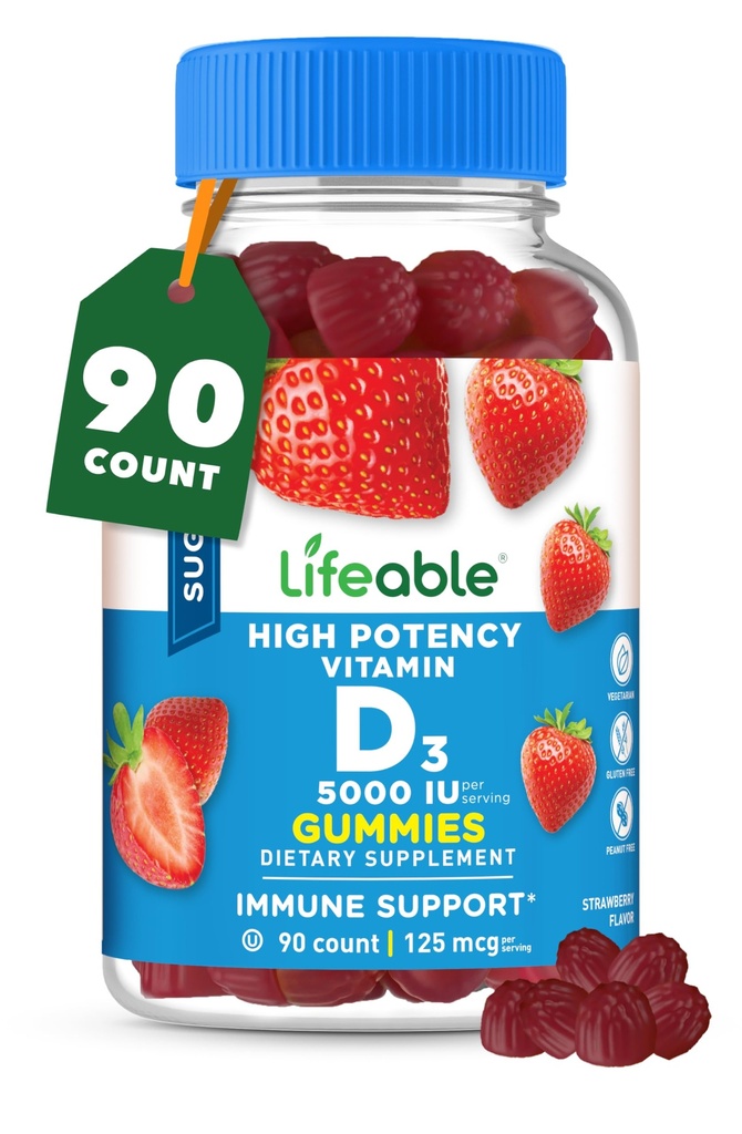 Lifeable Sugar Free Vitamin D 5000 IU - Great Tasting Natural Flavor Gummy Supplement - Gluten Free Vegetarian GMO-Free Chewable - for Immune Support and Bone Health - for Adults - 90 Gummies