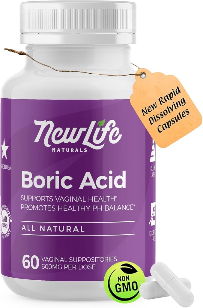 NewLife Naturals - Medical Grade Boric Acid Vaginal Suppositories - 600mg - 100% Pure Womens pH Balance Pills - Infección de levadura, BV - 60 cápsulas: Made in USA