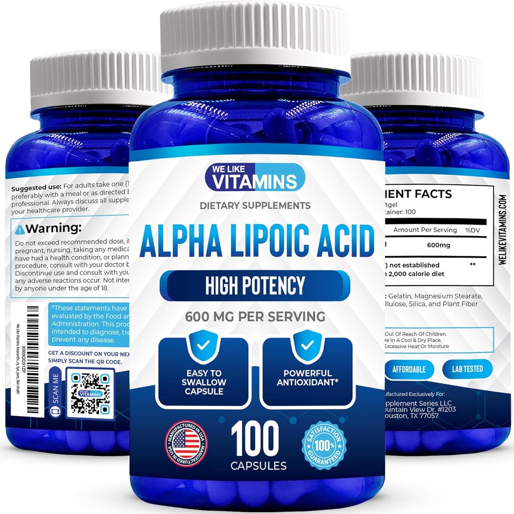 Nos gusta Vitaminas Ácido Lipoico alfa 600mg Cápsulas - 100 Cápsulas de ácido alfa Lipoico Ayuda a apoyar la salud conjunta y la salud antioxidante junto con la protección radical gratuita