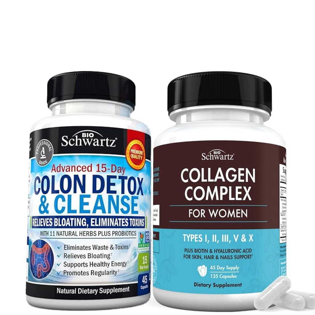 BioSchwartz 15 Day Cleanse for Colon and Gut Health Plus Hydrolyzed Collagen Peptide Capsules (45 Day Supply)