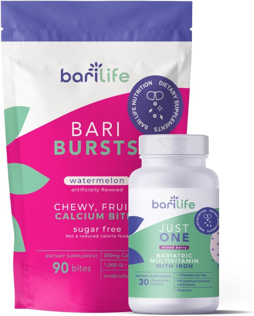 Bari Life Sólo un Chewable: Una vez Daily Bariatric Multivitamin + Iron y BariBurst Calcium Citrate Soft Chews for Gastric Bypass, Gastric Sleeve and Duodenal Switch (Watermelon)