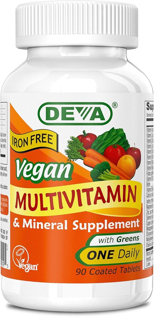 DEVA Vegan Multivitamina y Suplemento Mineral - Una fórmula de vitamina diaria con verdes - Iron Gratis - 90 tabletas caladas, 1-Pack