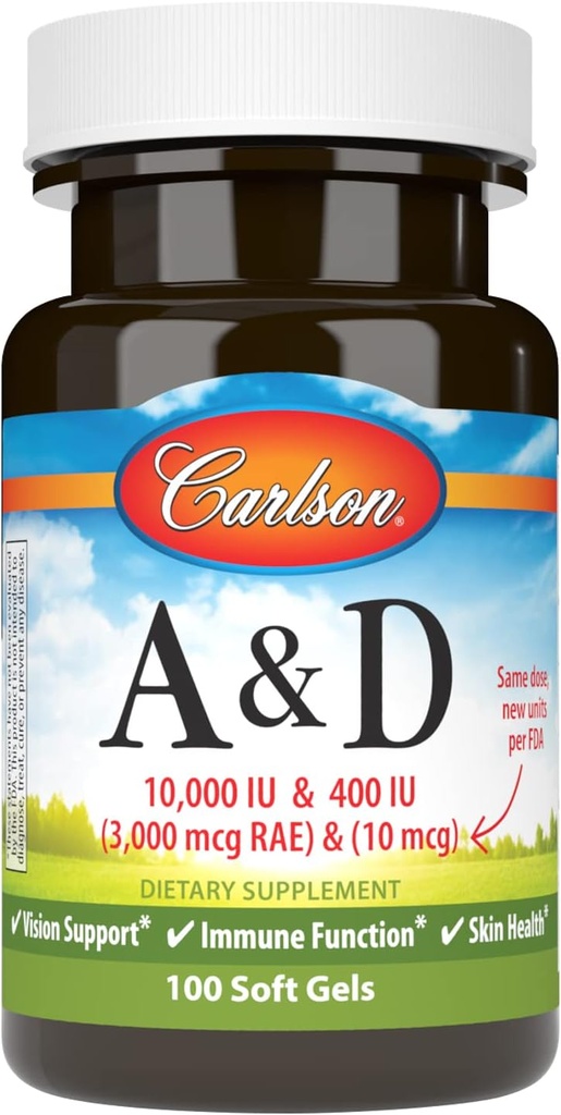 Carlson - A & D, 10000 UI (3000 mcg RAE) Vitamina A, 400 UI (10 mcg) Vitamina D3, soporte de visión, salud de la piel, 100 geles blandos