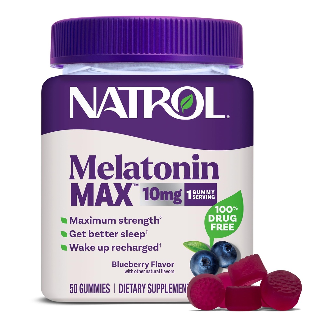 Natrol Melatonin 10mg Suplemento de Ayuda para el sueño, 50 Conde MelatoninMax Gummies, Blueberry Flavor, 10 mg Melatonin Gummies para la insomnio ocasional, 50 Day Supply