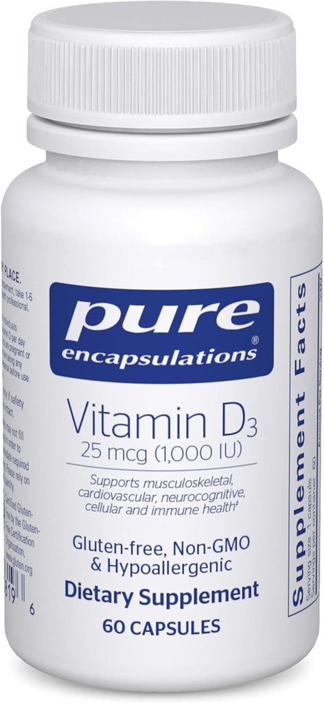Encapsulaciones puras Vitamina D3 25 mcg (1,000 UI) - Suplemento de Bono de Apoyo, Conjunto, Breast, Corazón, Colon & Immune Health - con Vitamina Premium D - 60 cápsulas