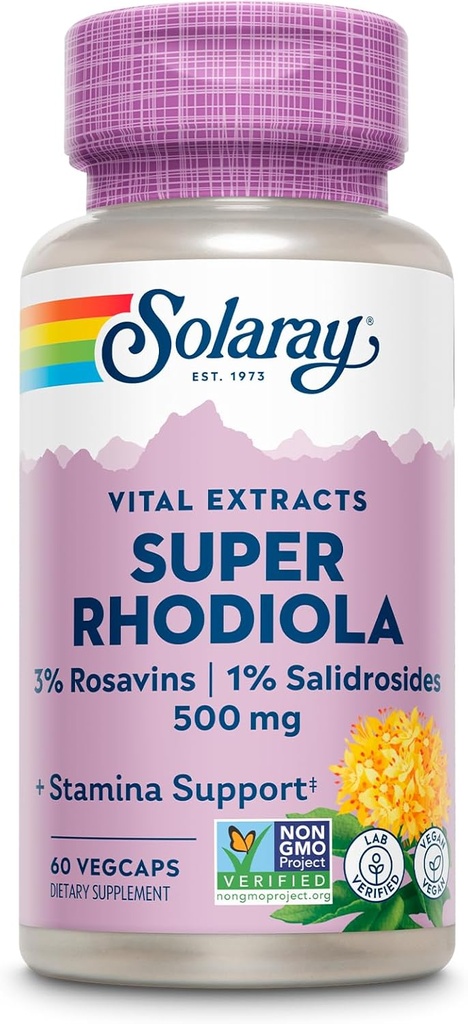 SOLARAY Super Rhodiola 500mg, Rhodiola Rosea Root Extract, 3% Rosavins, 1% Salidrosides, Adrenal & Stamina Support, Vegan, Non-GMO, 60 Servings, 60 VegCaps