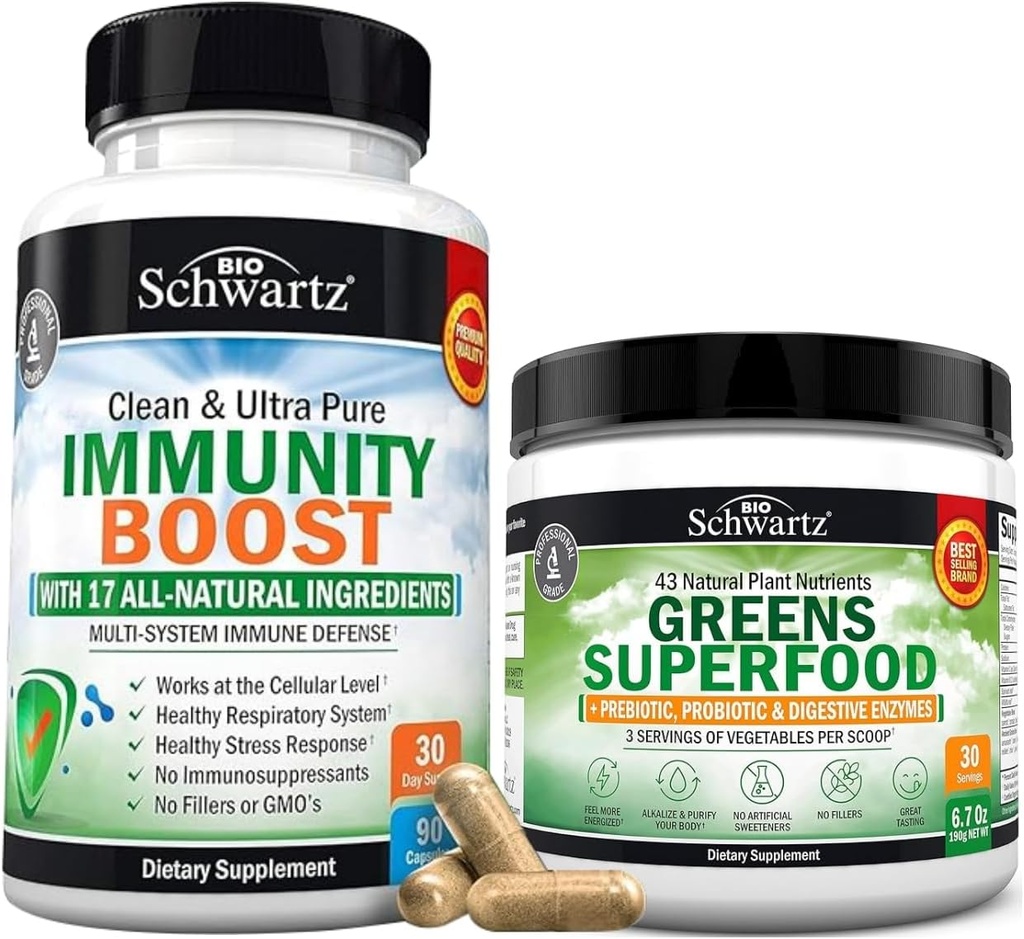 Super Greens Powder con Probióticos Prebióticos y Enzimas Digestivos (30 Serviciones) Más 17 en 1 Suplemento de Apoyo Inmunitario con Antioxidantes (1 Mes de Suministro)