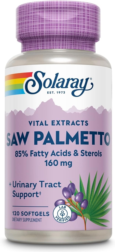 SOLARAY Saw Palmetto Extract - Salud de próstata y Tracto urinario Soporte - 136 mg Ácidos grasos y Sterols - Lab Garantía de devolución de dinero verificada de 60 días (120 Servimientos, 120 Softgels)