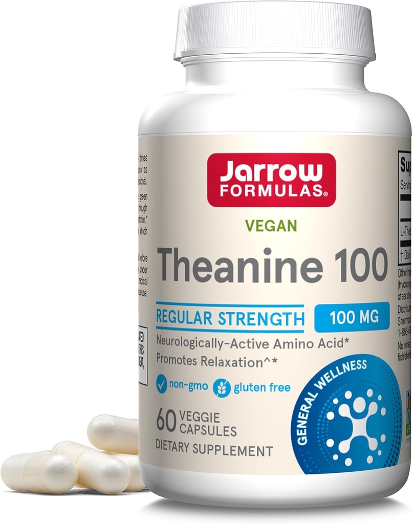 Jarrow Formulas Extra Strength Theanine 200mg " Regular Strength Theanine 100mg Relax Apoyo Capsules Bundle, 120 Veggie Capsules