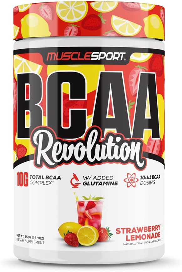 Musclesport BCAA Revolution Amino Acid Powder Suplemento para Hombres & Mujeres - Complejo de entrenamiento de entrenamiento intra - Supplemen de recuperación (Strawberry Lemonade, 30 Servimientos)